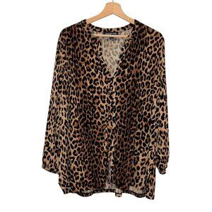 Jones New York Leopard Print Long Sleeve Button Front Blouse Women's Size XL